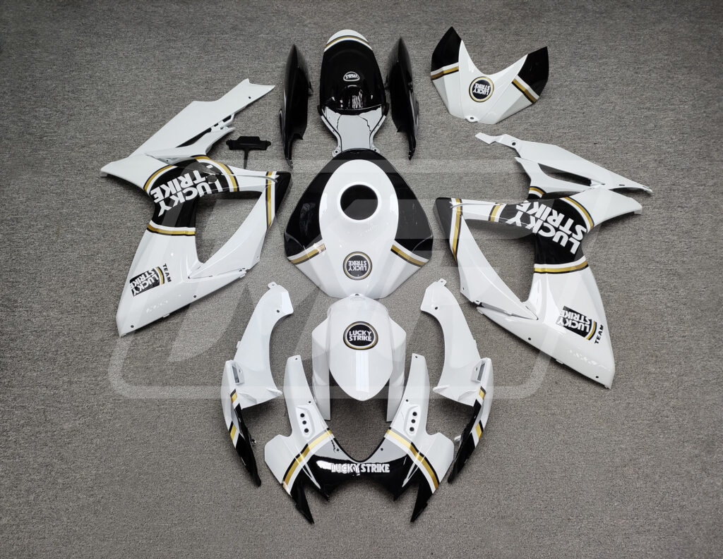 Suzuki GSXR 600 - 750 2006 - 2007 Gloss White & Black With Gold Lucky Strike ABS fairings - custom motorcycle bodywork kit by Monster Fairings