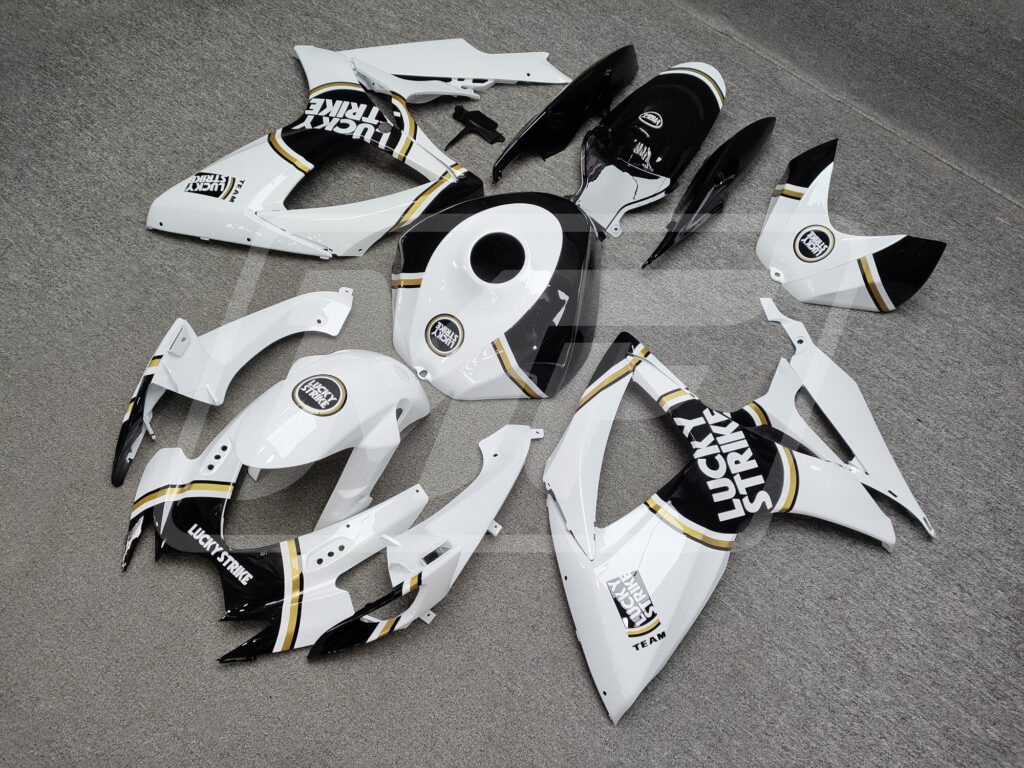 2006 - 2007 Suzuki GSXR Gloss White & Black With Gold Lucky Strike fairing set - ABS injection, custom painted by Monster Fairings