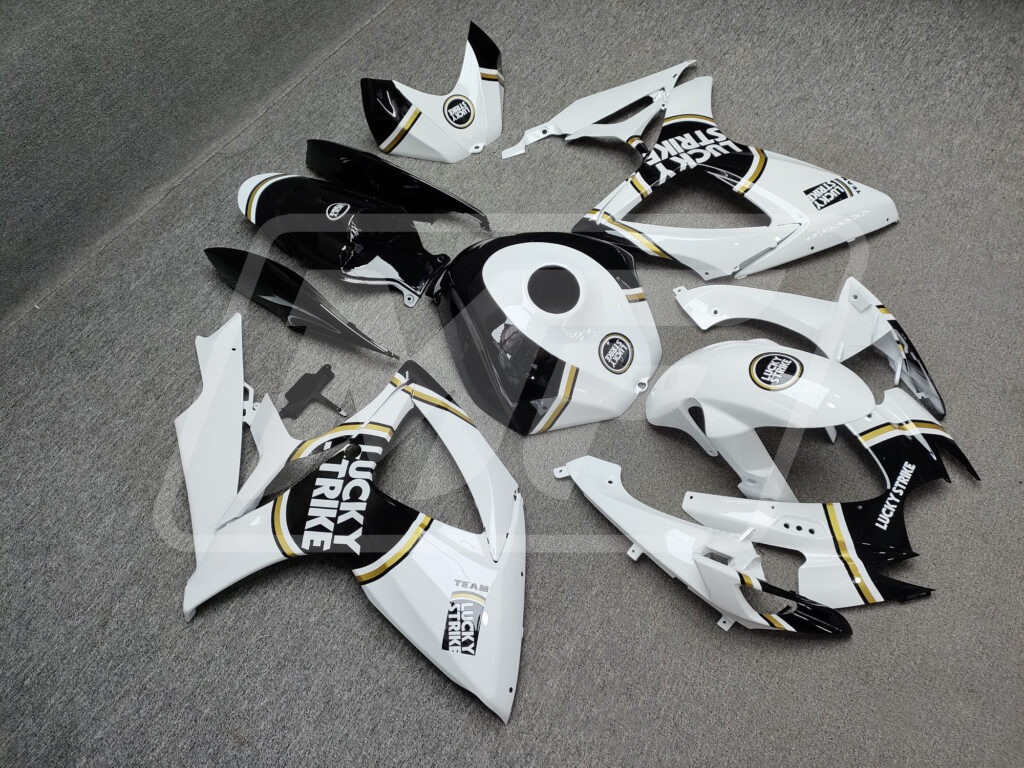 Suzuki GSXR custom ABS fairings 2006 - 2007 in Gloss White & Black With Gold Lucky Strike - durable replacement kit, Monster Fairings