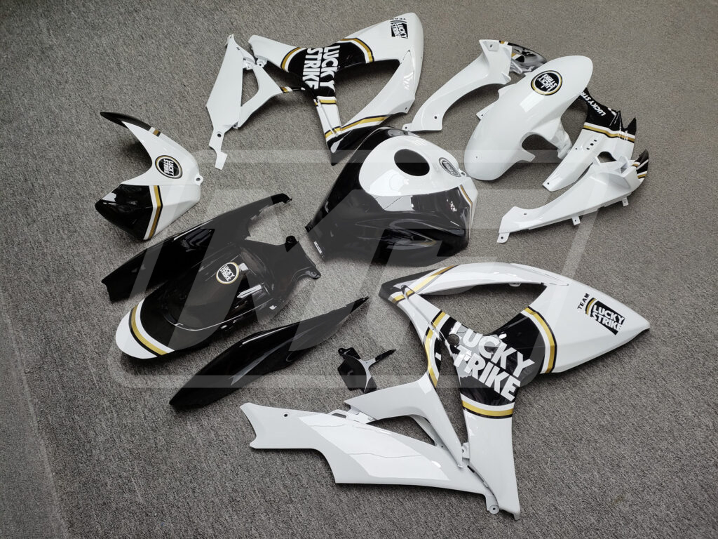 Gloss White & Black With Gold Lucky Strike ABS fairings for Suzuki GSXR 600 - 750 2006 - 2007 - premium OEM fit kit by Monster Fairings