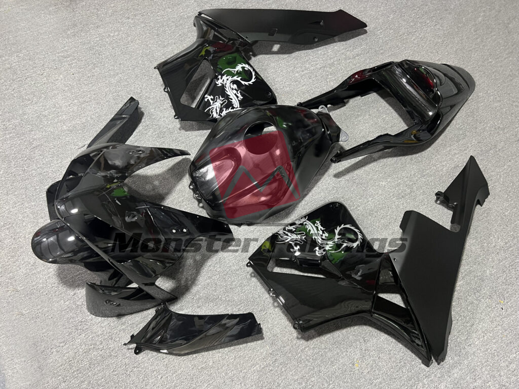 Honda CBR600RR custom ABS fairings 2003 - 2004 in Gloss & Matte Black With White Dragon - durable replacement kit, Monster Fairings