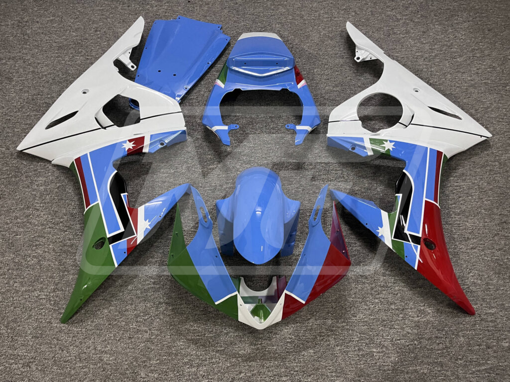 Yamaha R6 2005 Gloss Blue & White with Green & Red ABS fairings - custom motorcycle bodywork kit by Monster Fairings