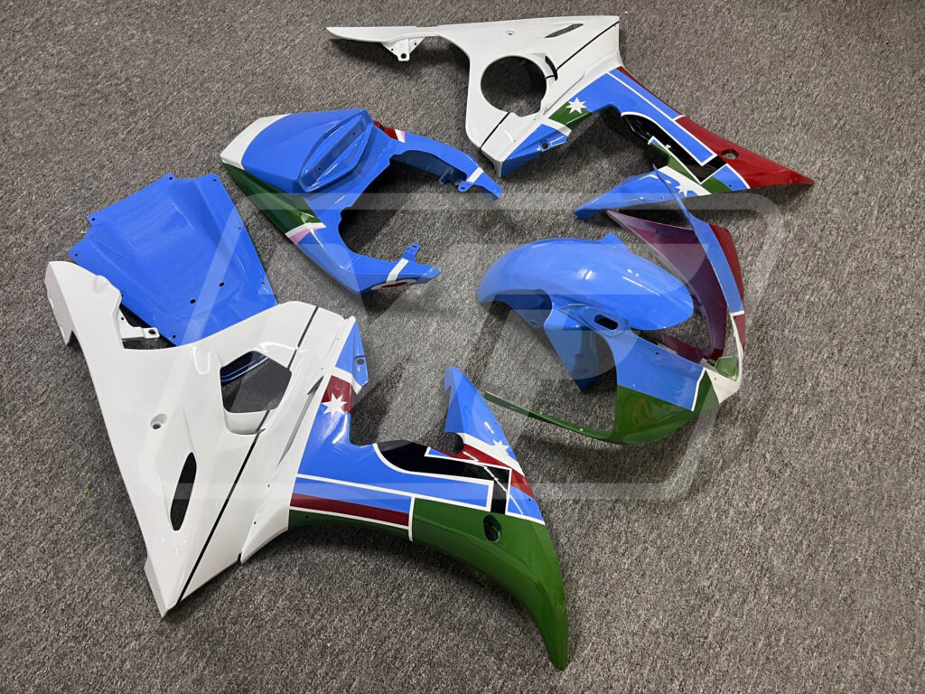 2005 Yamaha R6 Gloss Blue & White with Green & Red fairing set - ABS injection, custom painted by Monster Fairings