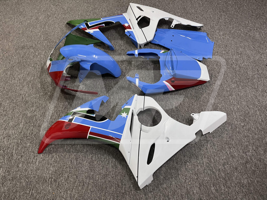 Yamaha R6 custom ABS fairings 2005 in Gloss Blue & White with Green & Red - durable replacement kit, Monster Fairings
