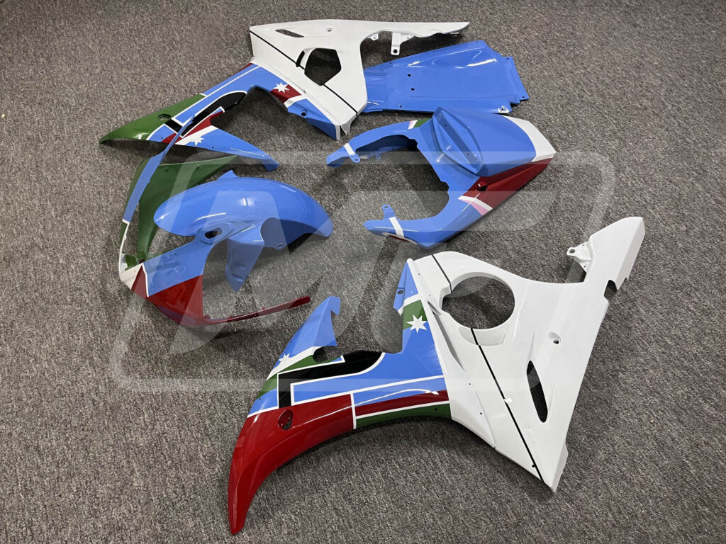 Gloss Blue & White with Green & Red ABS fairings for Yamaha R6 2005 - premium OEM fit kit by Monster Fairings