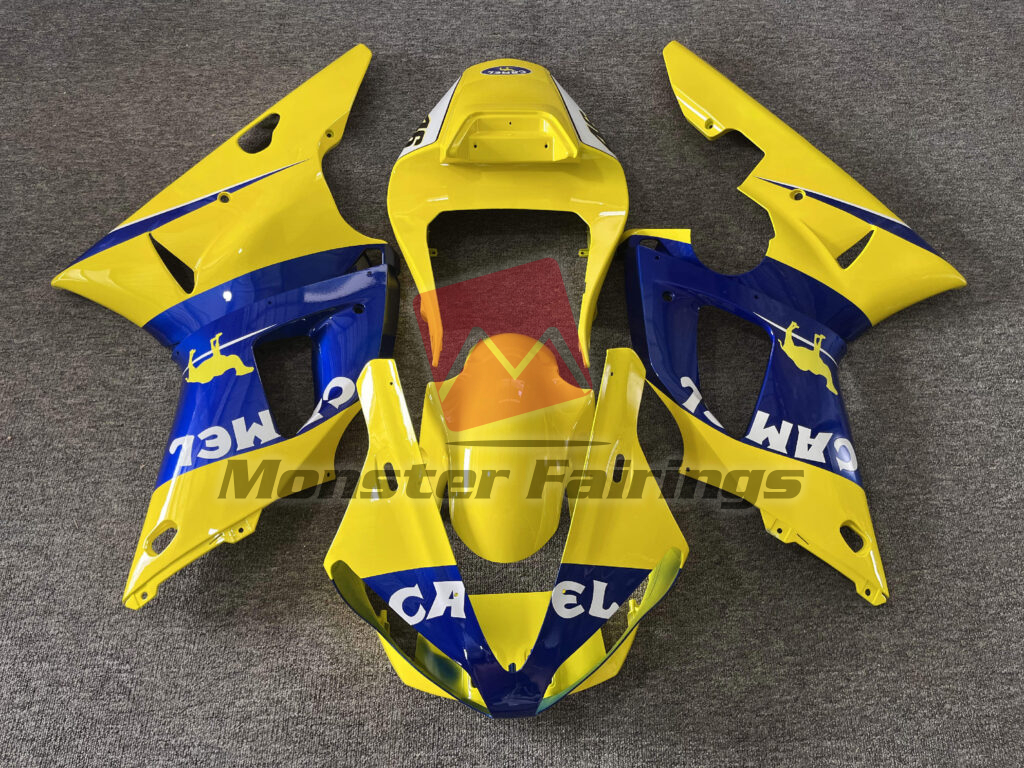 Yamaha R1 2000 - 2001 Gloss Yellow & Blue Camel ABS fairings - custom motorcycle bodywork kit by Monster Fairings
