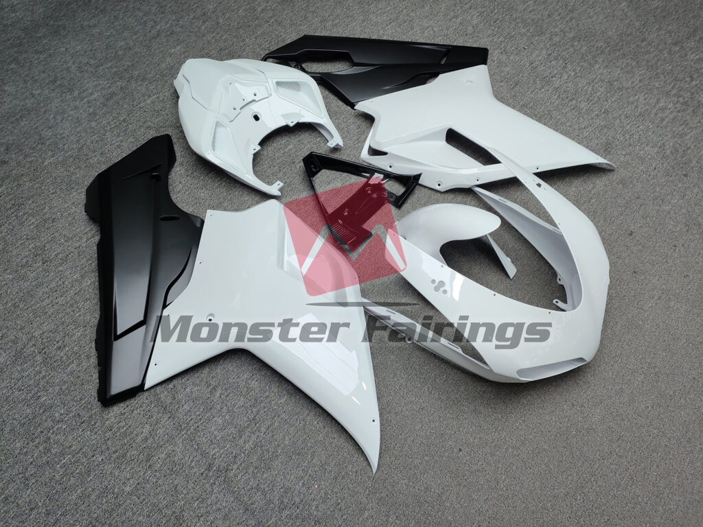 Ducati 848 1098 1198 custom ABS fairings 2007 - 2012 in Gloss White with Matte Black - durable replacement kit, Monster Fairings