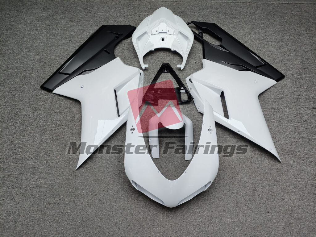 Ducati 848 1098 1198 2007 - 2012 Gloss White with Matte Black ABS fairings - custom motorcycle bodywork kit by Monster Fairings