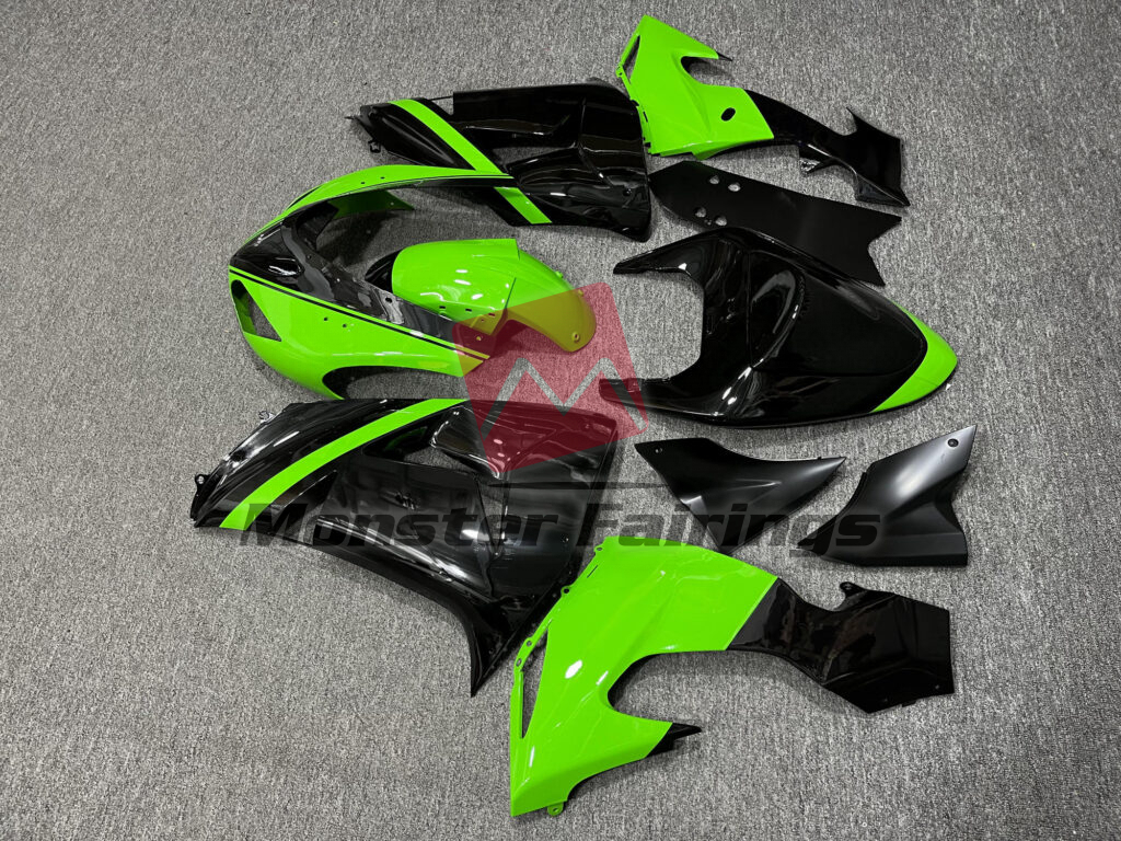 2006 - 2007 Kawasaki ZX10R Gloss Black & Green fairing set - ABS injection, custom painted by Monster Fairings