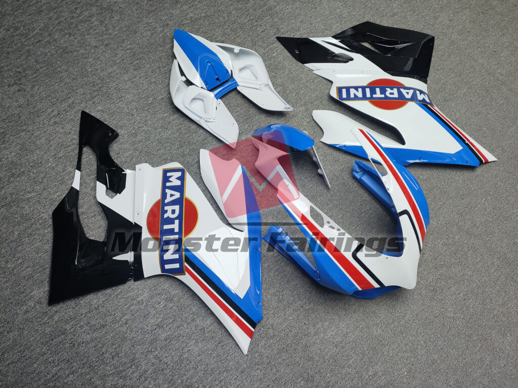 Ducati 1199 custom ABS fairings in Gloss White & Blue Martini - durable replacement kit, Monster Fairings