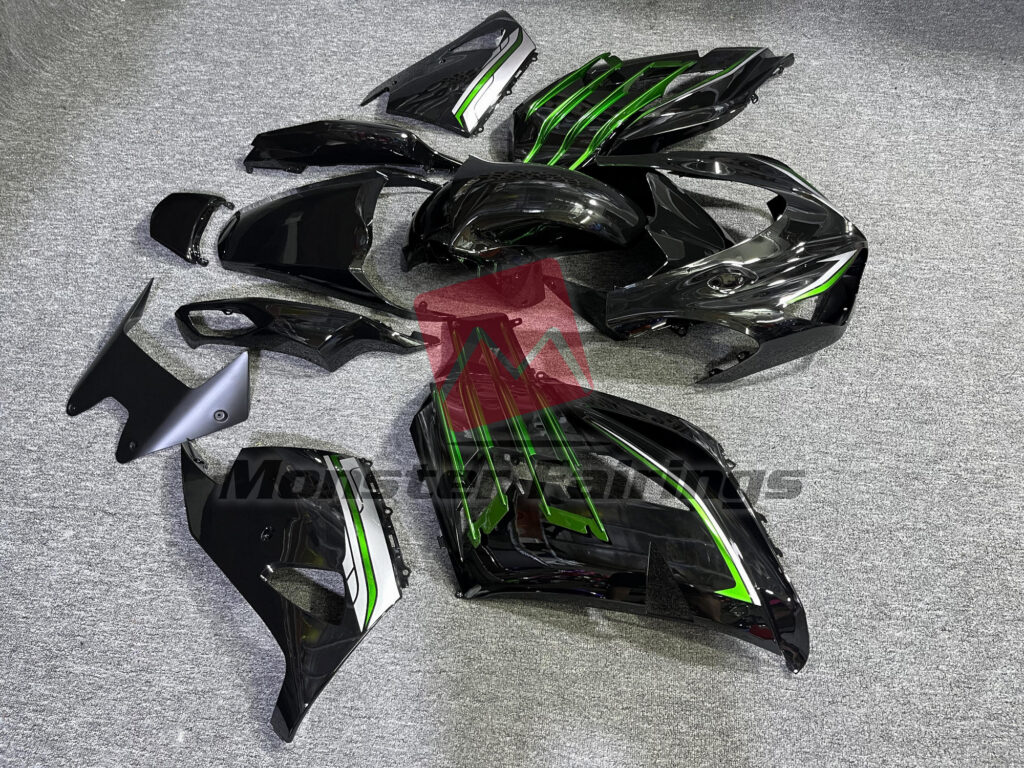 2012 - 2024 Kawasaki ZX14R Gloss Black Green fairing set - ABS injection, custom painted by Monster Fairings
