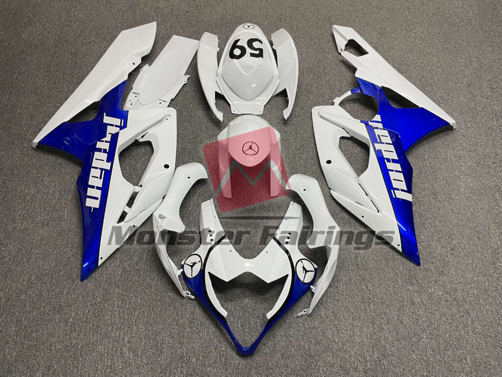 Suzuki GSXR 1000 2005 - 2006 Gloss White & Blue Jordan ABS fairings - custom motorcycle bodywork kit by Monster Fairings