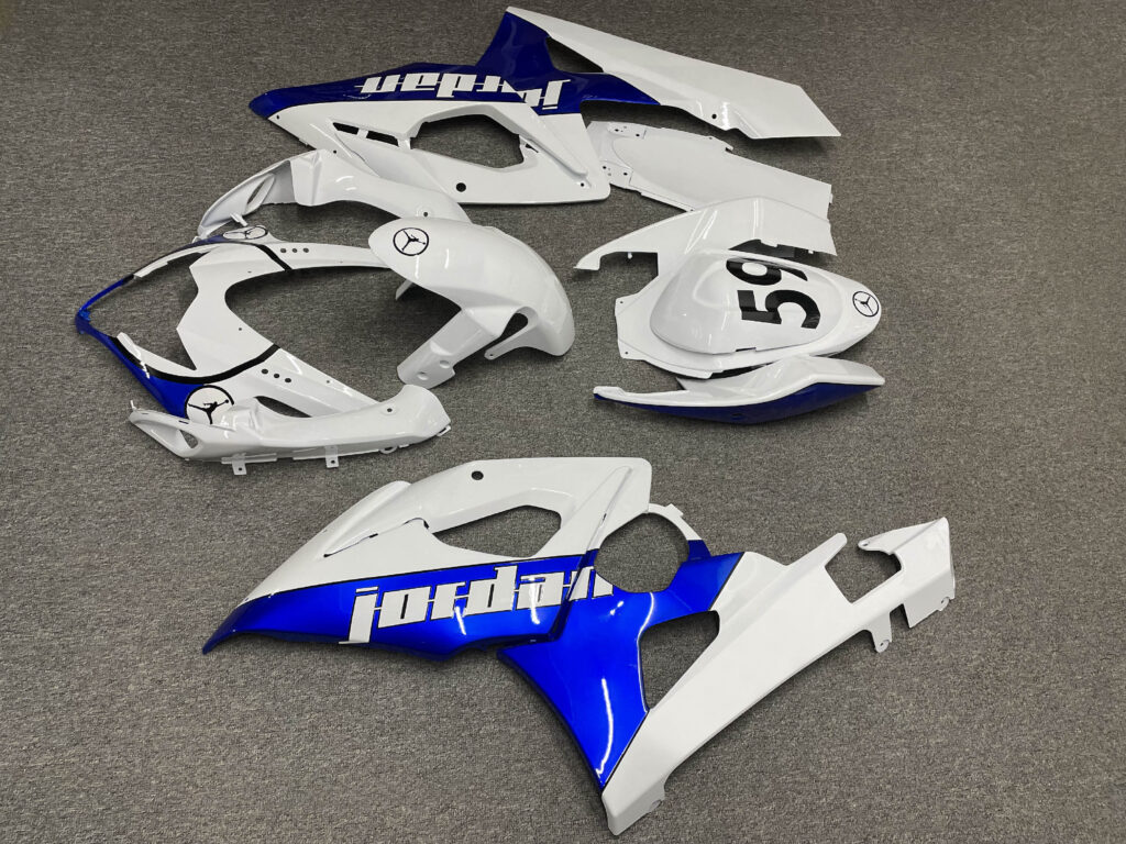 2005 - 2006 Suzuki GSXR Gloss White & Blue Jordan fairing set - ABS injection, custom painted by Monster Fairings