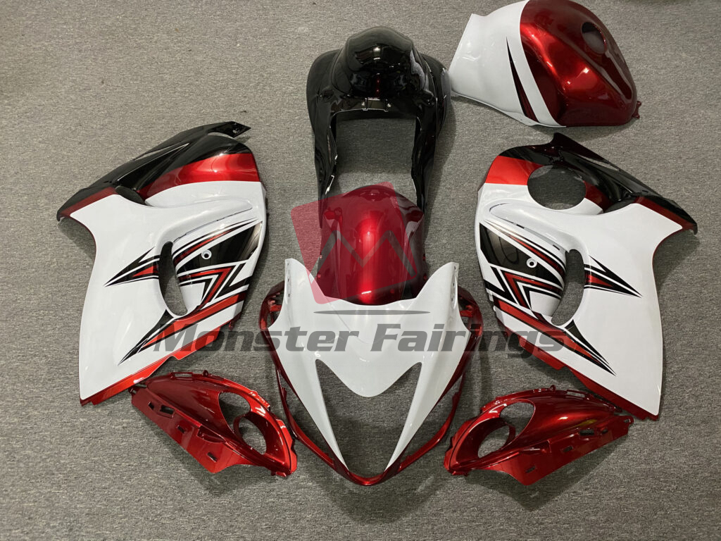Suzuki GSXR 1300 2008 - 2020 Gloss White & Red ABS fairings - custom motorcycle bodywork kit by Monster Fairings