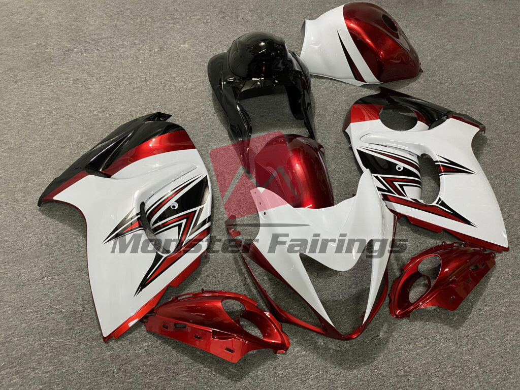 Suzuki GSXR 1300 custom ABS fairings 2008 - 2020 in Gloss White & Red - durable replacement kit, Monster Fairings