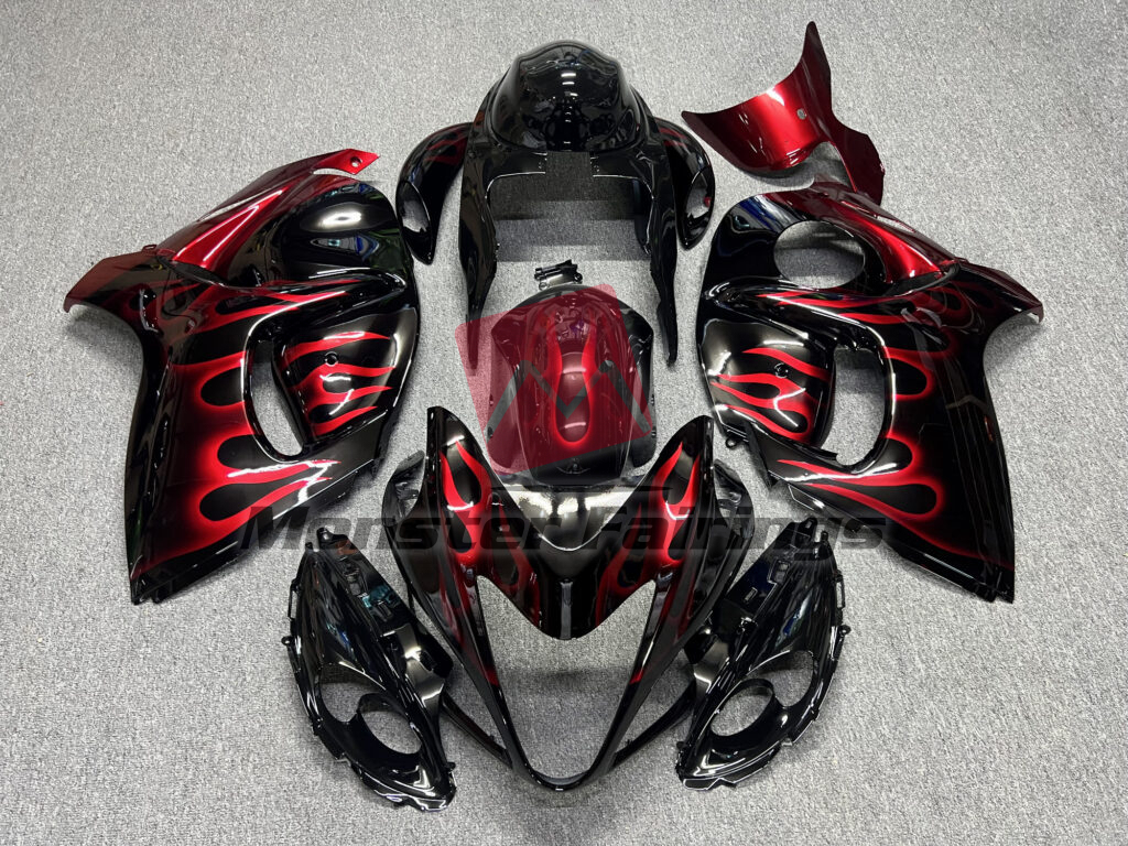 Suzuki GSXR 1300 2008 - 2020 Gloss Black with Red Flame ABS fairings - custom motorcycle bodywork kit by Monster Fairings