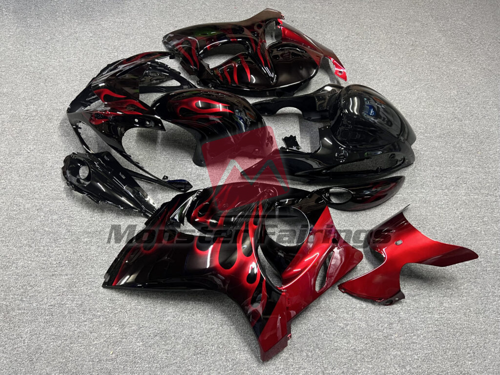 Suzuki GSXR 1300 custom ABS fairings 2008 - 2020 in Gloss Black with Red Flame - durable replacement kit, Monster Fairings