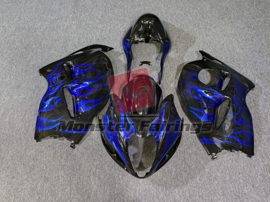 Suzuki GSXR1300 1997 - 2007 Gloss Black & Blue Flames ABS fairings - custom motorcycle bodywork kit by Monster Fairings