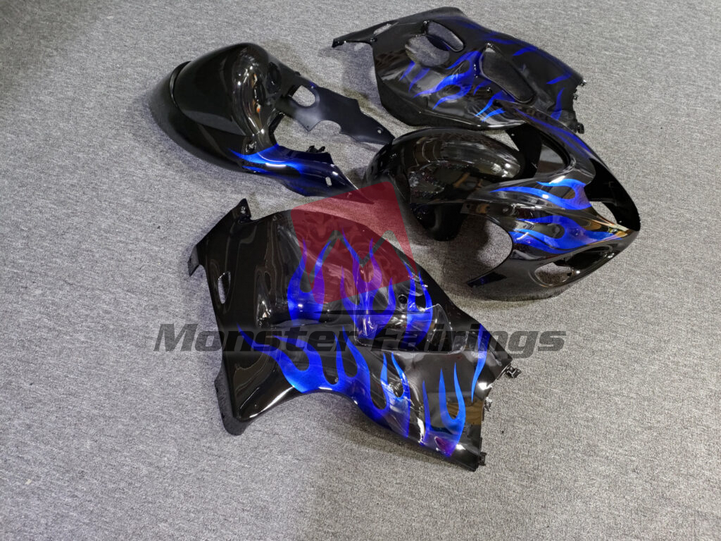 Suzuki GSXR1300 custom ABS fairings 1997 - 2007 in Gloss Black & Blue Flames - durable replacement kit, Monster Fairings