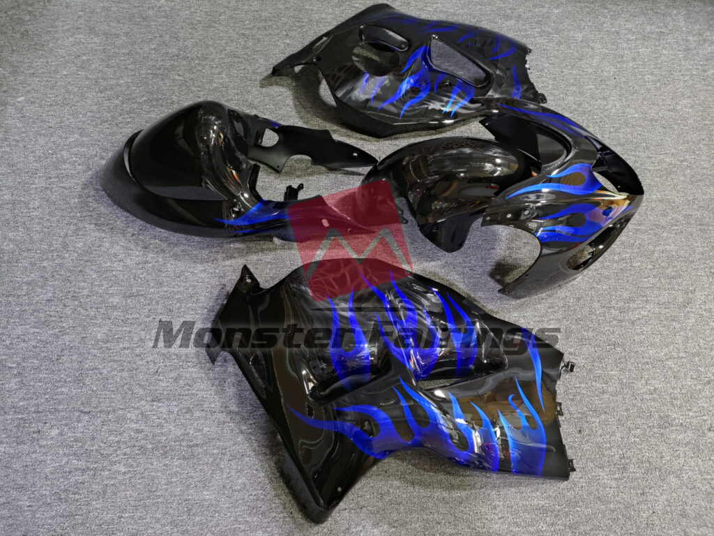 1997 - 2007 Suzuki GSXR1300 Gloss Black & Blue Flames fairing set - ABS injection, custom painted by Monster Fairings