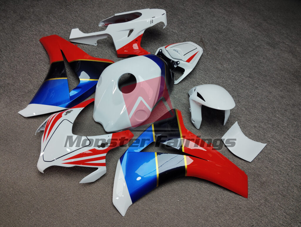 Honda CBR1000RR custom ABS fairings 2008 - 2011 in Gloss White with Red & Blue - durable replacement kit, Monster Fairings