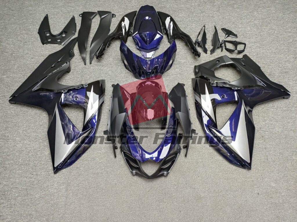 Suzuki GSXR 1000 2009 - 2016 Gloss Dark Blue With Silver & Black ABS fairings - custom motorcycle bodywork kit by Monster Fairings