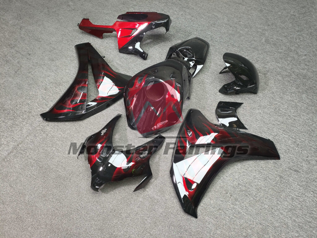 2008 - 2011 Honda CBR1000RR Gloss Black with Red Flames fairing set - ABS injection, custom painted by Monster Fairings