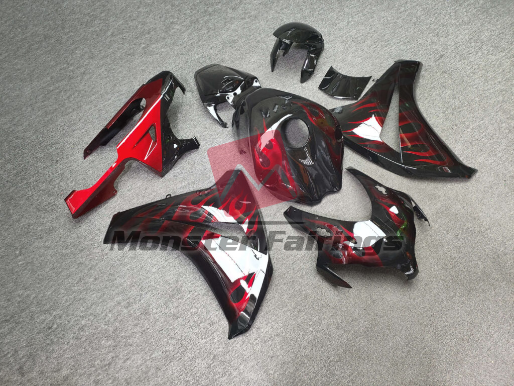 Honda CBR1000RR custom ABS fairings 2008 - 2011 in Gloss Black with Red Flames - durable replacement kit, Monster Fairings