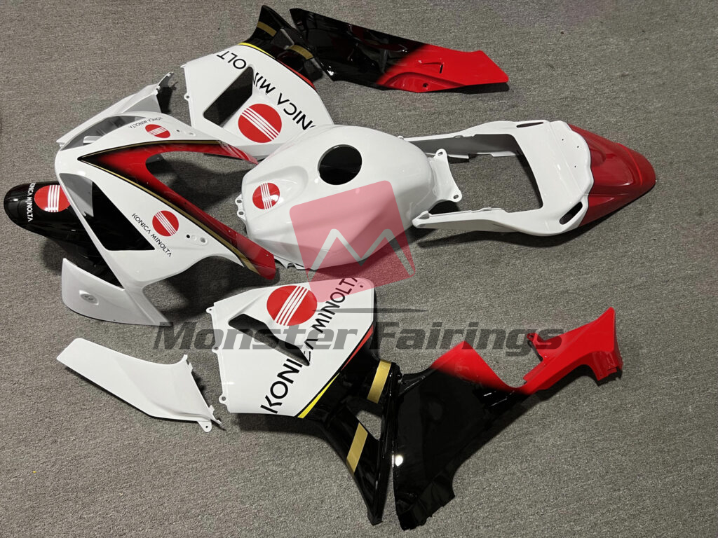 2003 - 2004 Honda CBR600RR Gloss White with Black & Red KM fairing set - ABS injection, custom painted by Monster Fairings