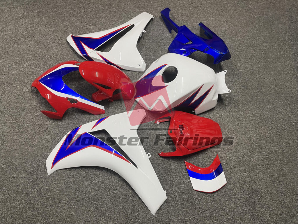 Honda CBR1000RR custom ABS fairings 2008 - 2011 in Gloss White, Red and Blue with Red Outline - durable replacement kit, Monster Fairings