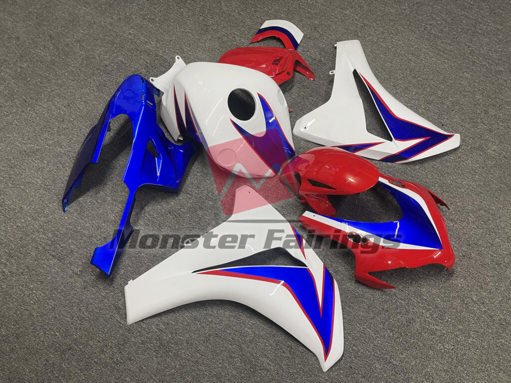 2008 - 2011 Honda CBR1000RR Gloss White, Red and Blue with Red Outline fairing set - ABS injection, custom painted by Monster Fairings