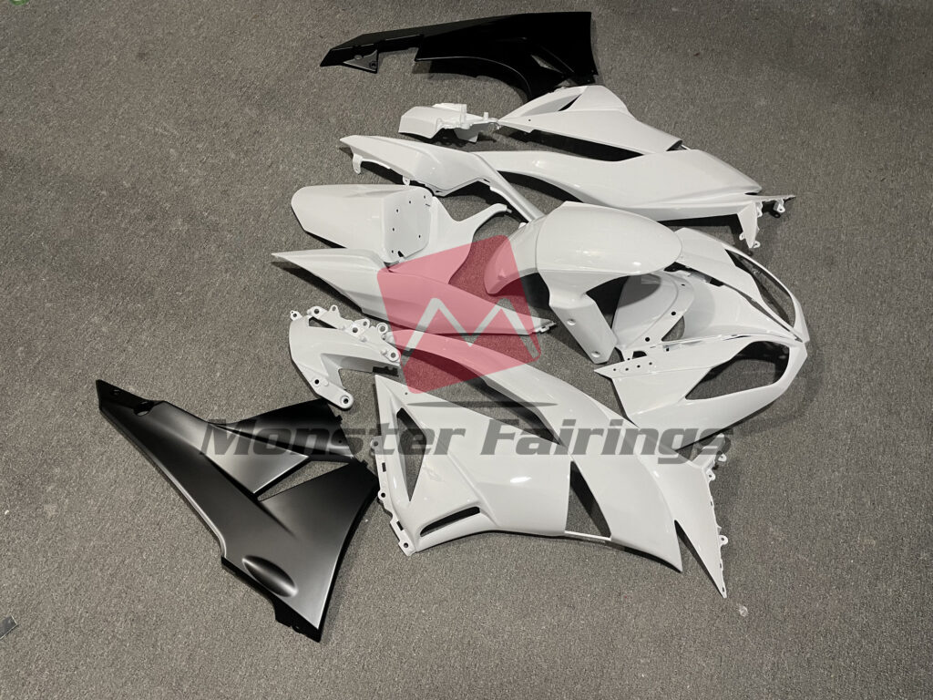 2009 - 2012 Kawasaki ZX6R Gloss White Matte Black fairing set - ABS injection, custom painted by Monster Fairings