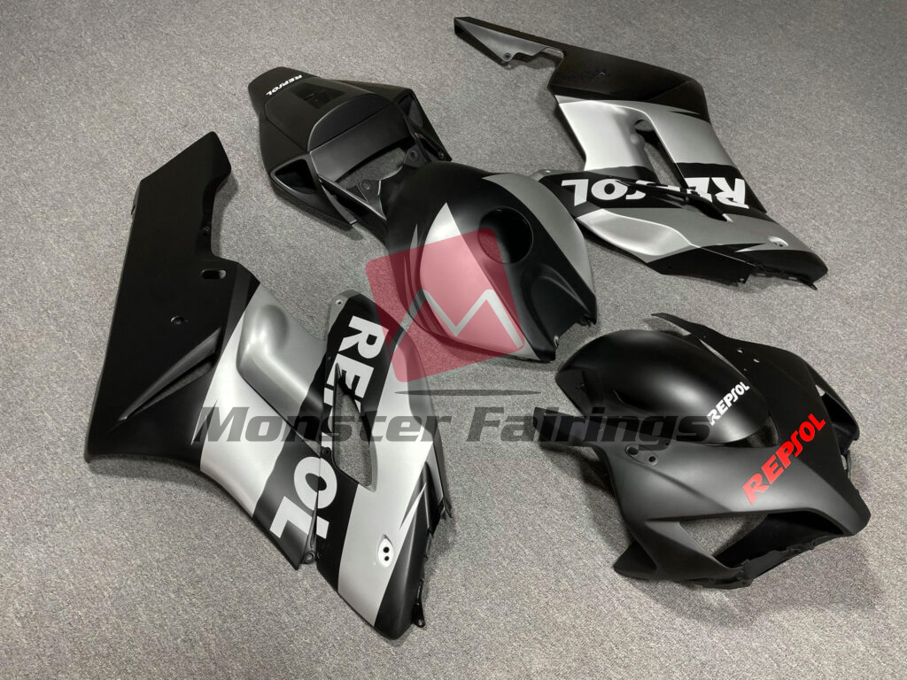 Honda CBR1000RR custom ABS fairings 2004 - 2005 in Matte Black & Silver Repsol - durable replacement kit, Monster Fairings