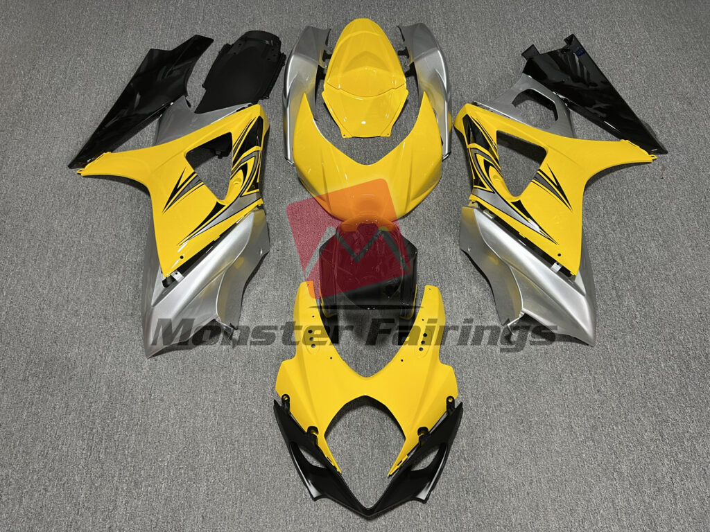 Suzuki GSXR 1000 2007 - 2008 Gloss Yellow & Silver With Black ABS fairings - custom motorcycle bodywork kit by Monster Fairings