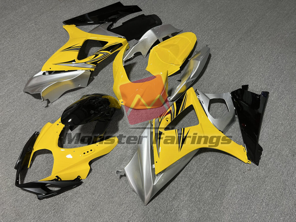 Suzuki GSXR 1000 custom ABS fairings 2007 - 2008 in Gloss Yellow & Silver With Black - durable replacement kit, Monster Fairings