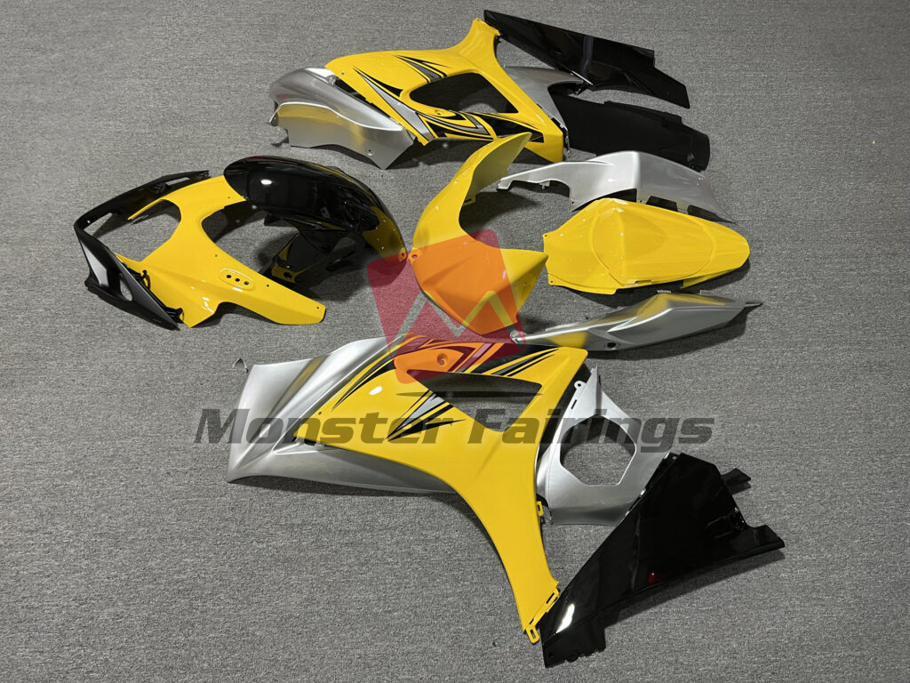 2007 - 2008 Suzuki GSXR 1000 Gloss Yellow & Silver With Black fairing set - ABS injection, custom painted by Monster Fairings