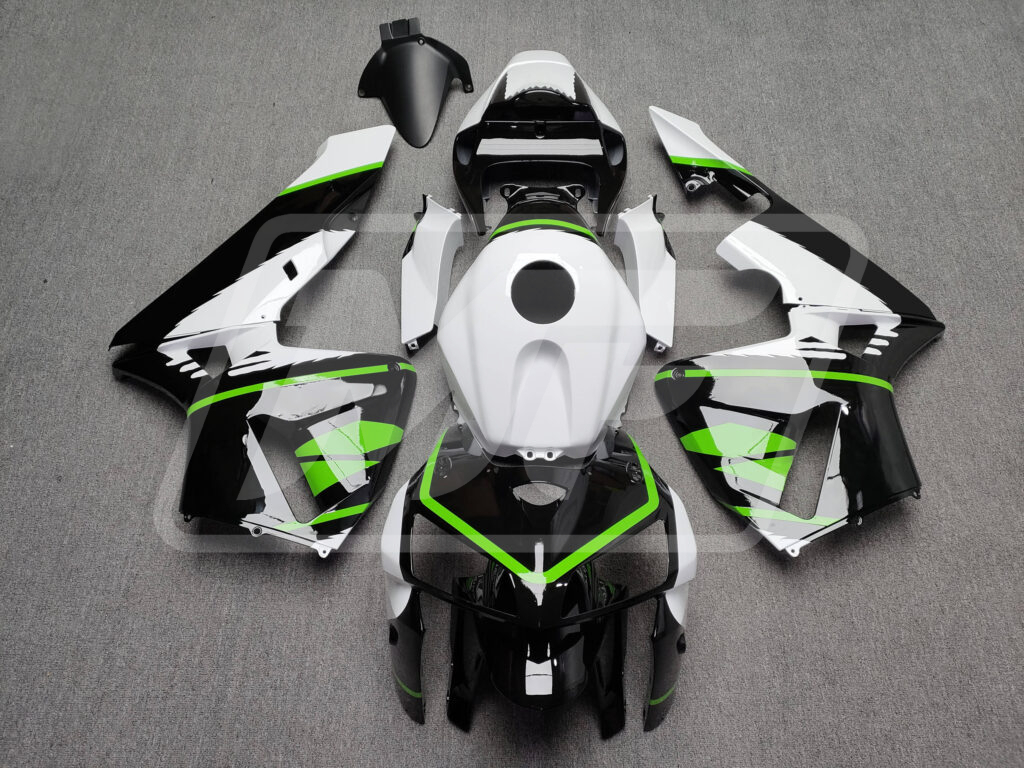 Honda CBR600RR 2005 - 2006 Gloss Black & White with Green ABS fairings - custom motorcycle bodywork kit by Monster Fairings