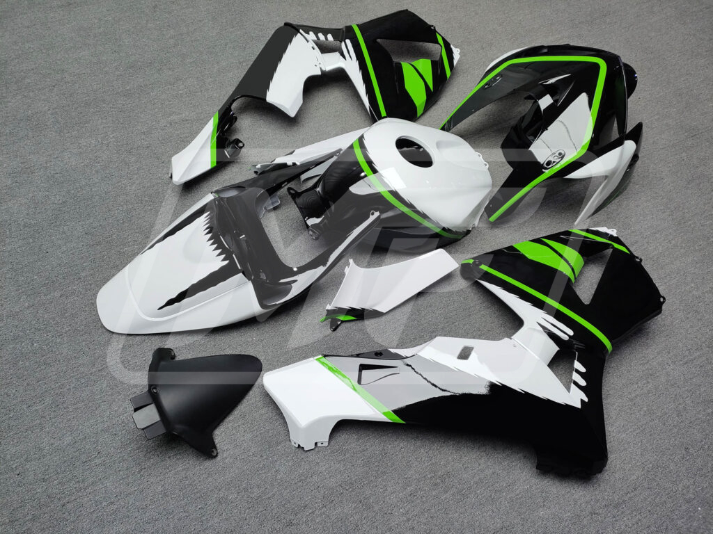 2005 - 2006 Honda CBR600RR Gloss Black & White with Green fairing set - ABS injection, custom painted by Monster Fairings