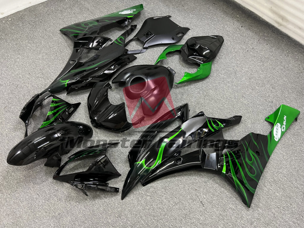 Yamaha R6 custom ABS fairings 2006 - 2007 in Green Flame - durable replacement kit, Monster Fairings