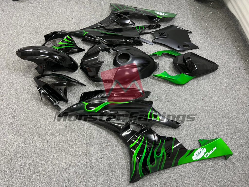 2006 - 2007 Yamaha R6 Green Flame fairing set - ABS injection, custom painted by Monster Fairings