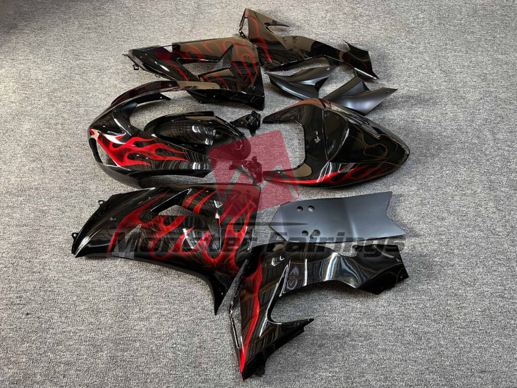 2006 - 2007 Kawasaki ZX10R Gloss Black Red Flame fairing set - ABS injection, custom painted by Monster Fairings