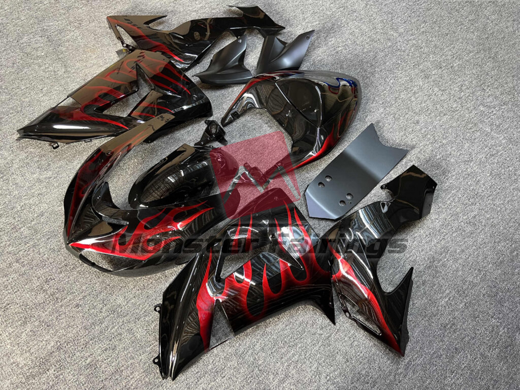 Kawasaki ZX10R custom ABS fairings 2006 - 2007 in Gloss Black Red Flame - durable replacement kit, Monster Fairings