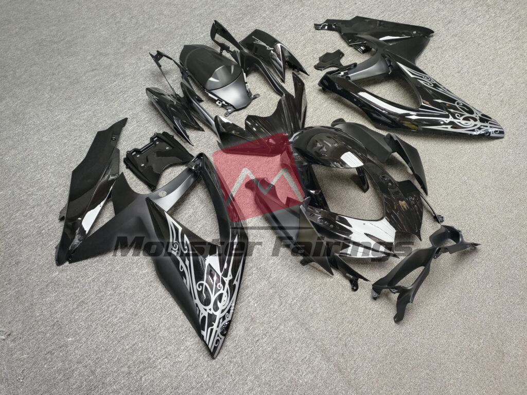 2008 - 2010 Suzuki GSXR Gloss & Matte Black with Silver fairing set - ABS injection, custom painted by Monster Fairings