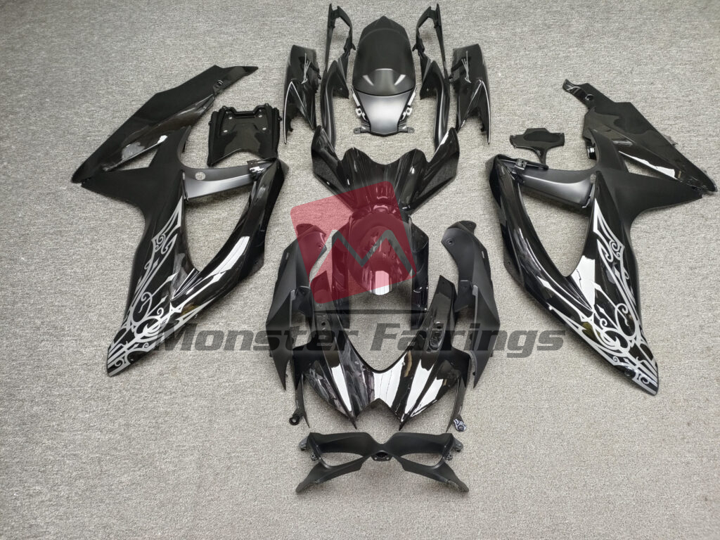 Suzuki GSXR 600 - 750 2008 - 2010 Gloss & Matte Black with Silver ABS fairings - custom motorcycle bodywork kit by Monster Fairings