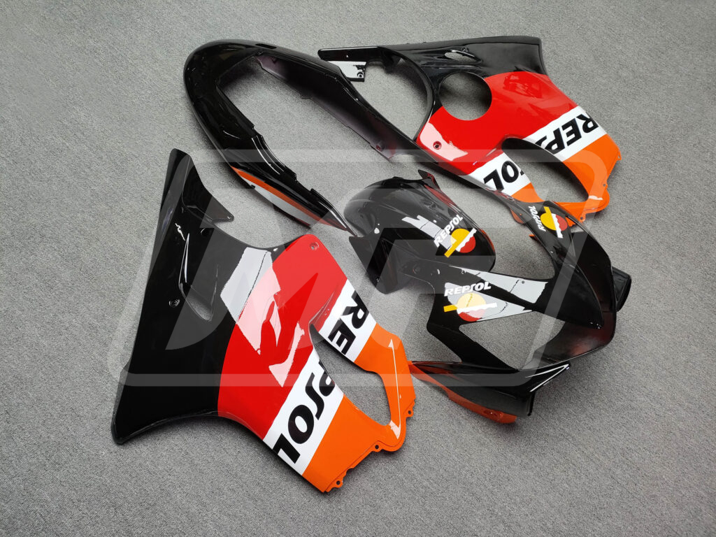Honda CBR600 F4i custom ABS fairings 2004 - 2007 in Gloss Black Classic Repsol - durable replacement kit, Monster Fairings
