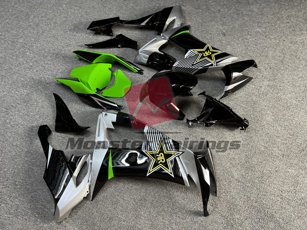 Kawasaki ZX10R custom ABS fairings 2008 - 2010 in Gloss Black & Green Silver Rockstar - durable replacement kit, Monster Fairings