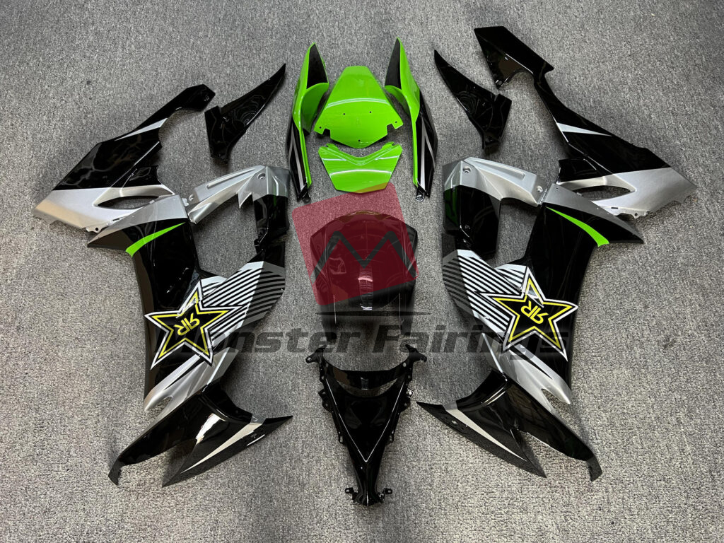 Kawasaki ZX10R 2008 - 2010 Gloss Black & Green Silver Rockstar ABS fairings - custom motorcycle bodywork kit by Monster Fairings