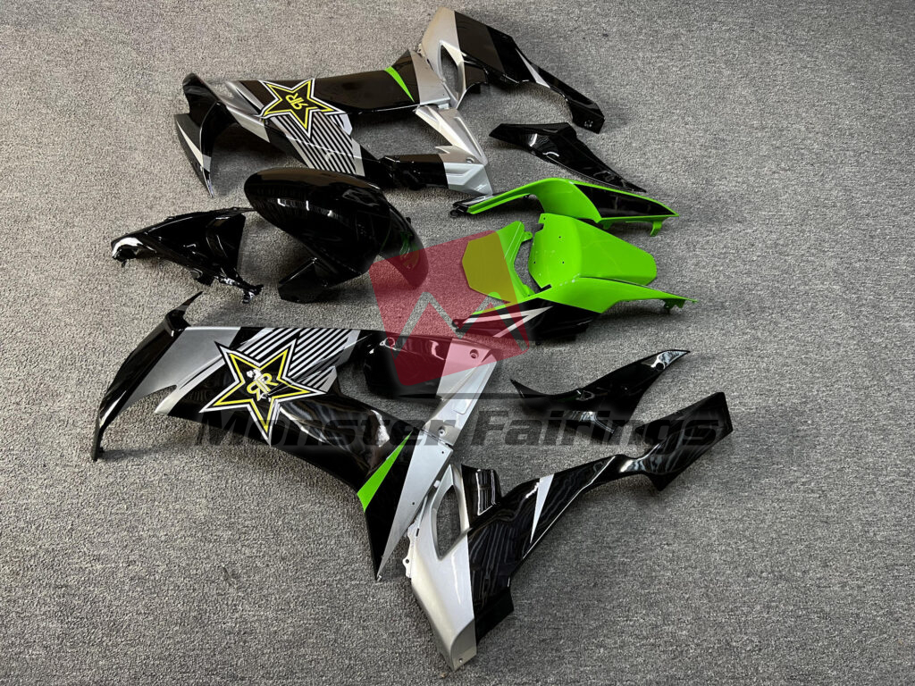 2008 - 2010 Kawasaki ZX10R Gloss Black & Green Silver Rockstar fairing set - ABS injection, custom painted by Monster Fairings