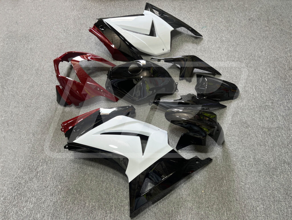 2008 - 2013 Kawasaki Ninja 250 Gloss Black & White Red fairing set - ABS injection, custom painted by Monster Fairings
