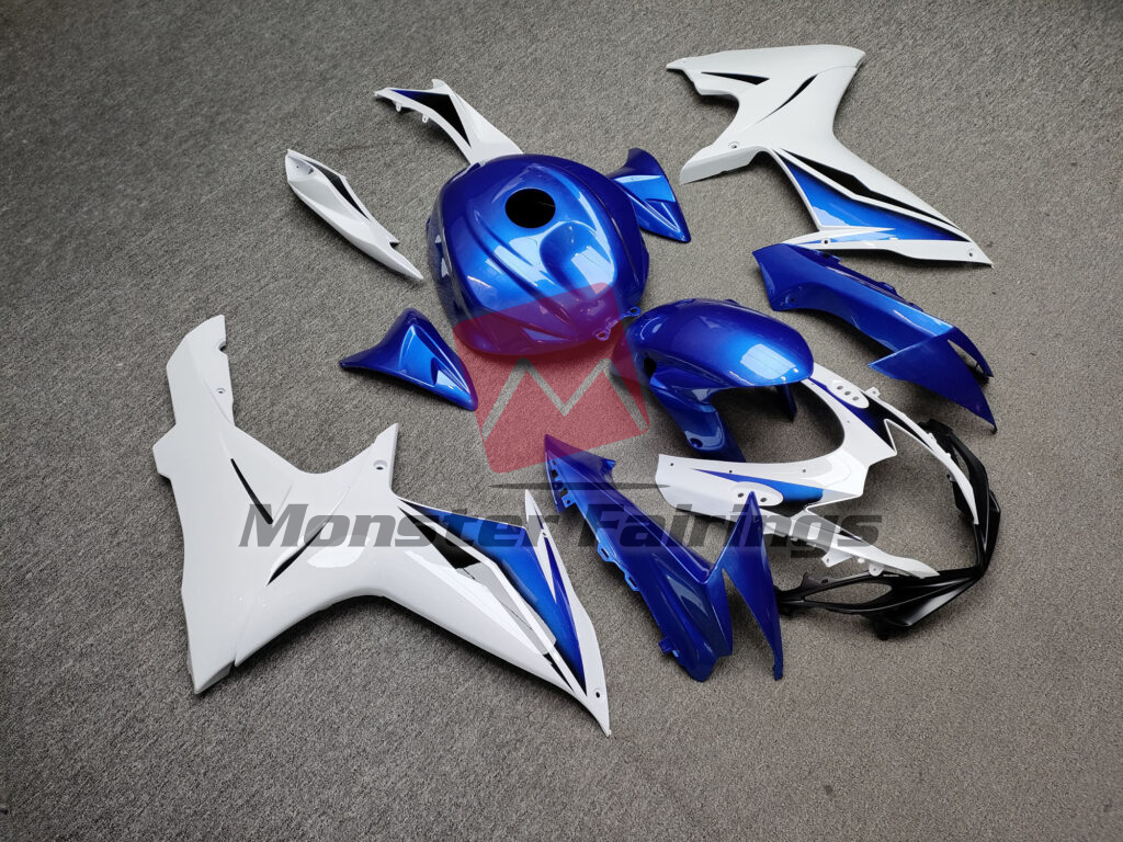 Suzuki GSXR custom ABS fairings 2011 - 2025 in Gloss White with Black & Blue - durable replacement kit, Monster Fairings